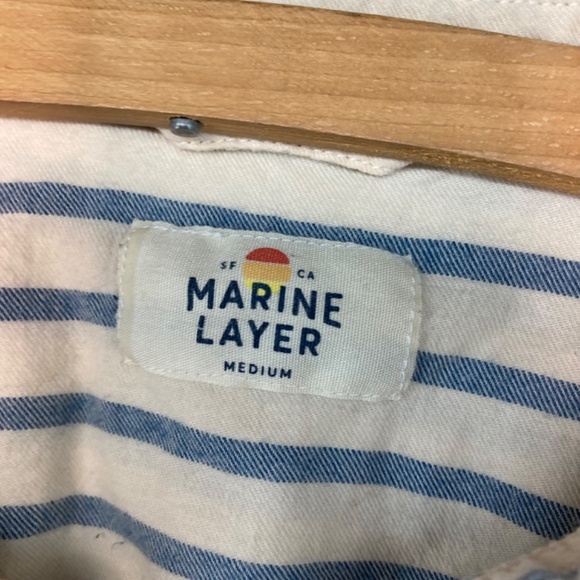 Marine Layer M Striped Button Up Shirt Long Sleeve Cream Blue Cotton Men's - Picture 3 of 6